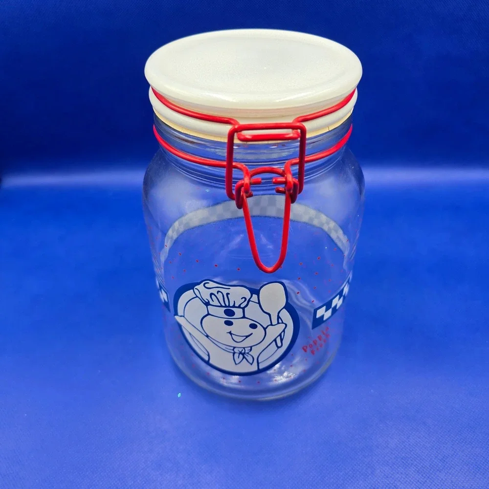 Vintage Pillsbury Doughboy Poppin Fresh Glass Canister Red Wire Bail Lid 8in